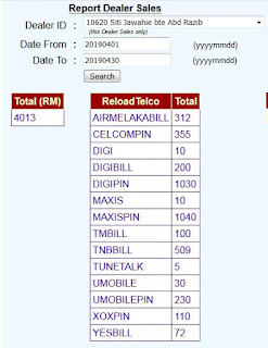 Jualan Topup, Pin & Pembayaran Bil pada bulan Mac 2019